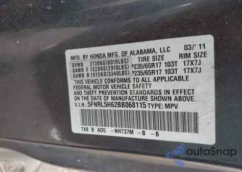 2011 Honda Odyssey Ex-L из США, поврежденный, VIN 5FNRL5H62BB068115